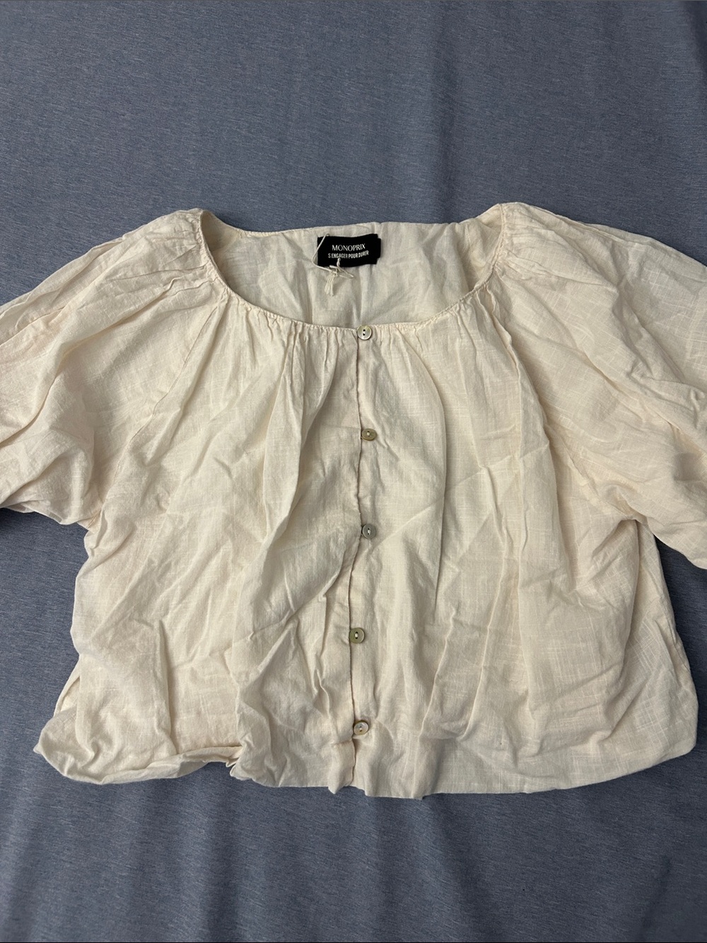 MONOPRIX Light Cream Button-Front Puff Sleeve Top